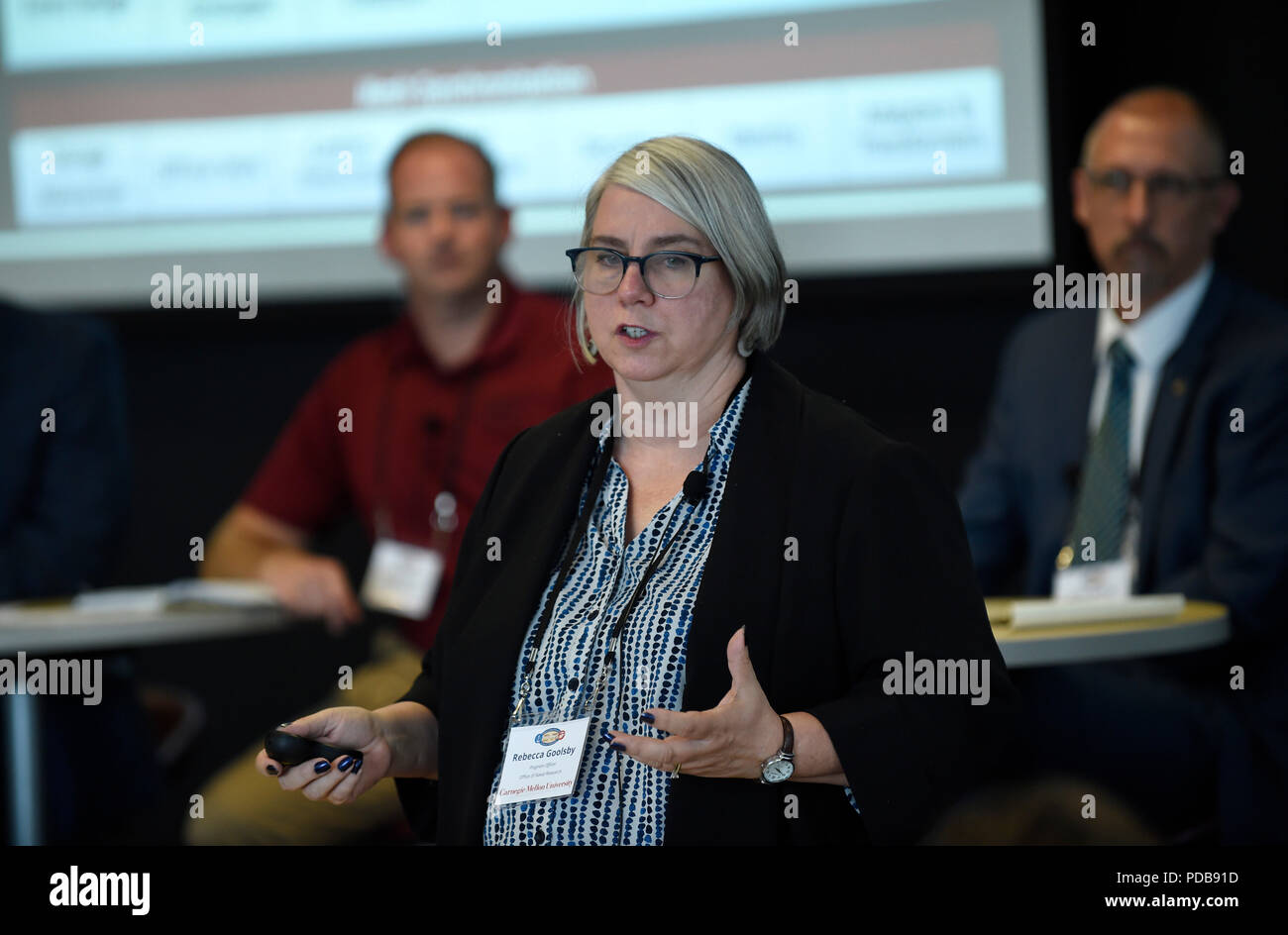 180802-N-PO203-0388 PITTSBURGH, Pa. (Aug. 2, 2018) Dr. Rebecca Goolsby, program officer, Office of Naval Research (ONR), participates in a panel discussion on restoration of essential services during the Artificial Intelligence (AI) & Autonomy for Humanitarian Assistance and Disaster Relief (HADR) workshop, co-hosted by ONR and Carnegie Mellon University. The workshop brings together a community of academia, industry, and government stakeholders with a diverse pool of first responders in order to accelerate the experimentation, fielding, and scaling of new AI and autonomous capabilities in sup Stock Photo