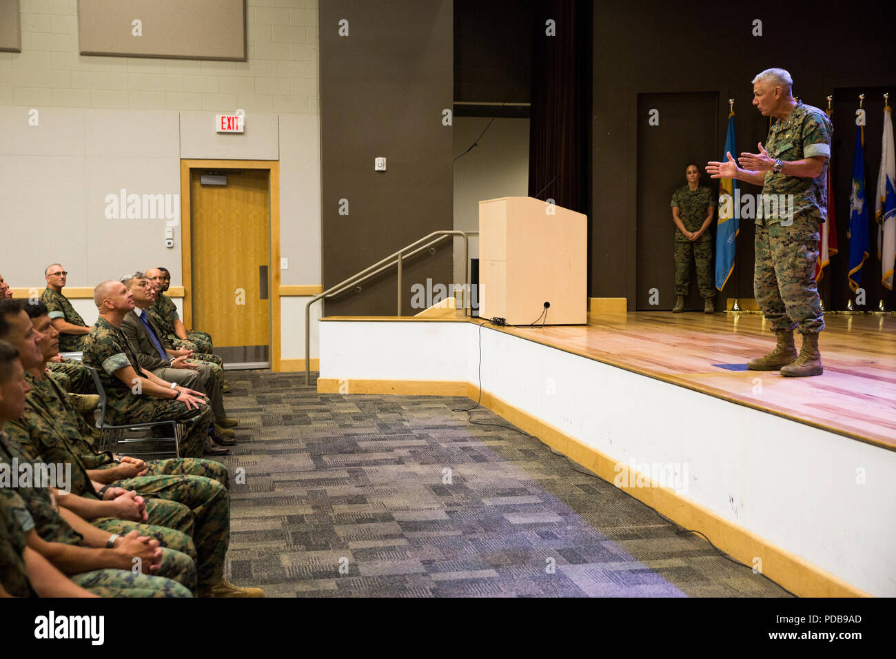 Lt. Gen. Rex. C. McMillian, commander of Marine Forces Reserve and Marine Forces North, addresses Maj. Gen. Michael F. Fahey, outgoing commander of Force Headquarters Group, during the change of command ceremony at the Federal City Auditorium, New Orleans, Aug. 3, 2018. While addressing the attendees, McMillian expressed his gratitude for all the hard work and dedication Fahey gave to FHG during his time as the commander from 2016-2018. (U.S. Marine Corps photo by Sgt. Melissa Martens) Stock Photo