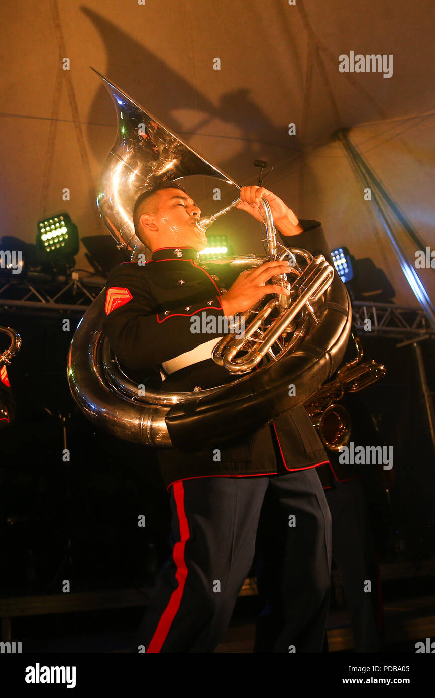 U.S. Marine Corps Cpl. Rafael Marin, musician, Marine Corps Base Quantico  Band, performs for the American Night concert during the 2018 Hamina Tattoo  at Hamina, Finland, Aug. 3, 2018. The Tattoo showcases