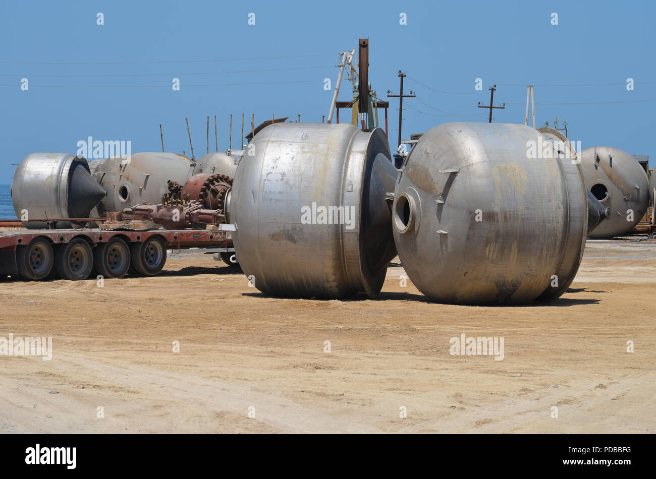 Empty oil extraction and clarification tanks in Artyom island (Pirallahi), Azerbaijan Stock