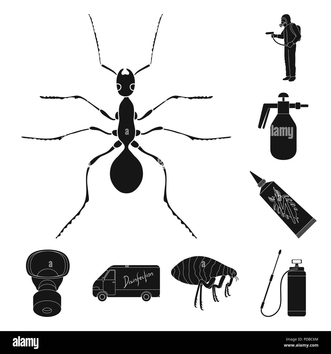 Pest, poison, personnel and equipment black icons in set collection for ...