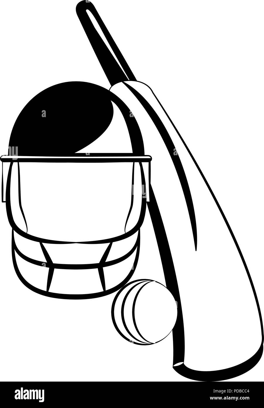 Cricket ball and bat with helmet in black and white Stock Vector