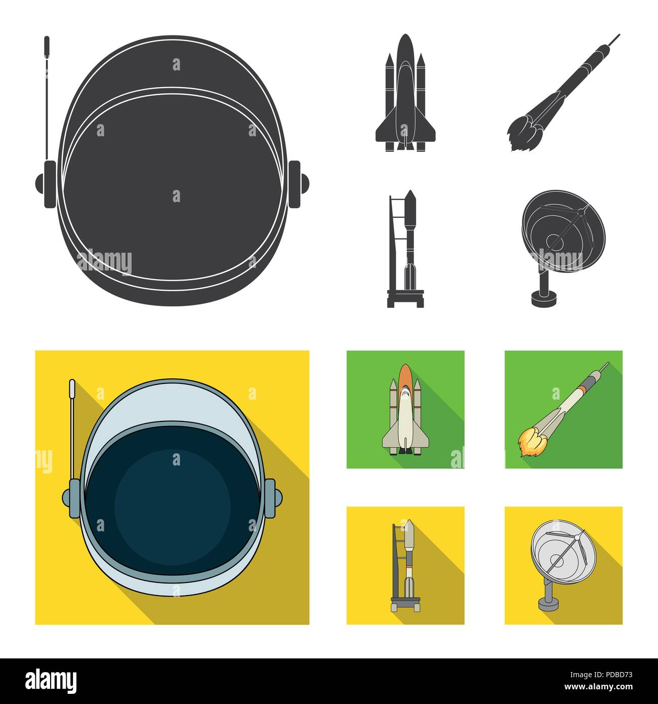 A spaceship in space, a cargo shuttle, A launch pad, an astronaut ...
