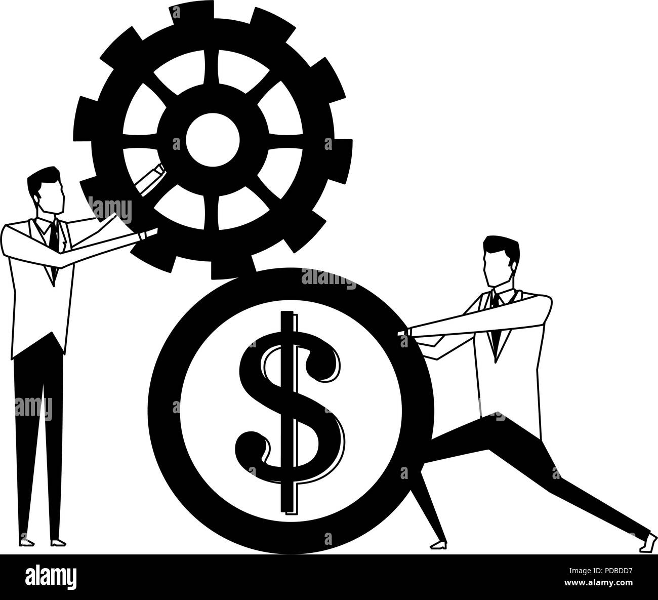 Businessmens pushing and holding coin and gear in black and white Stock ...