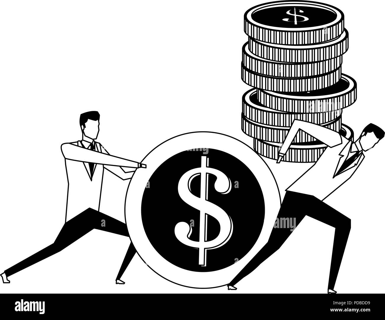 Businessmens pushing and holding a coins in black and white Stock ...