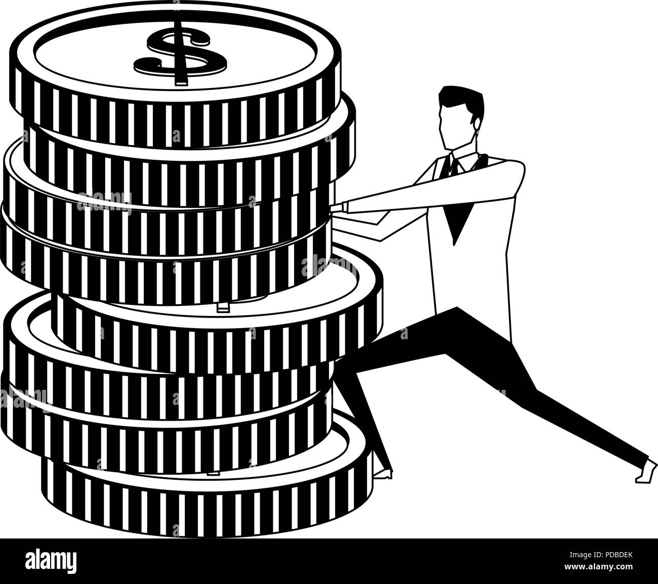 Businessman with coins stacked in black and white Stock Vector Image ...