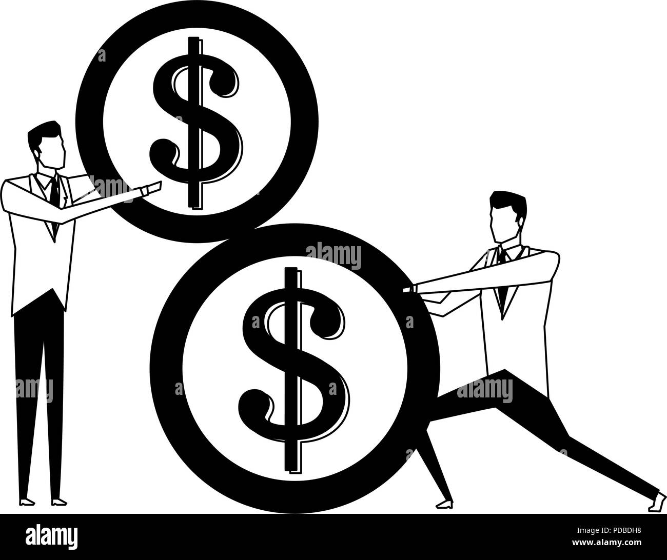 Businessmens pushing and holding a coin in black and white Stock Vector ...