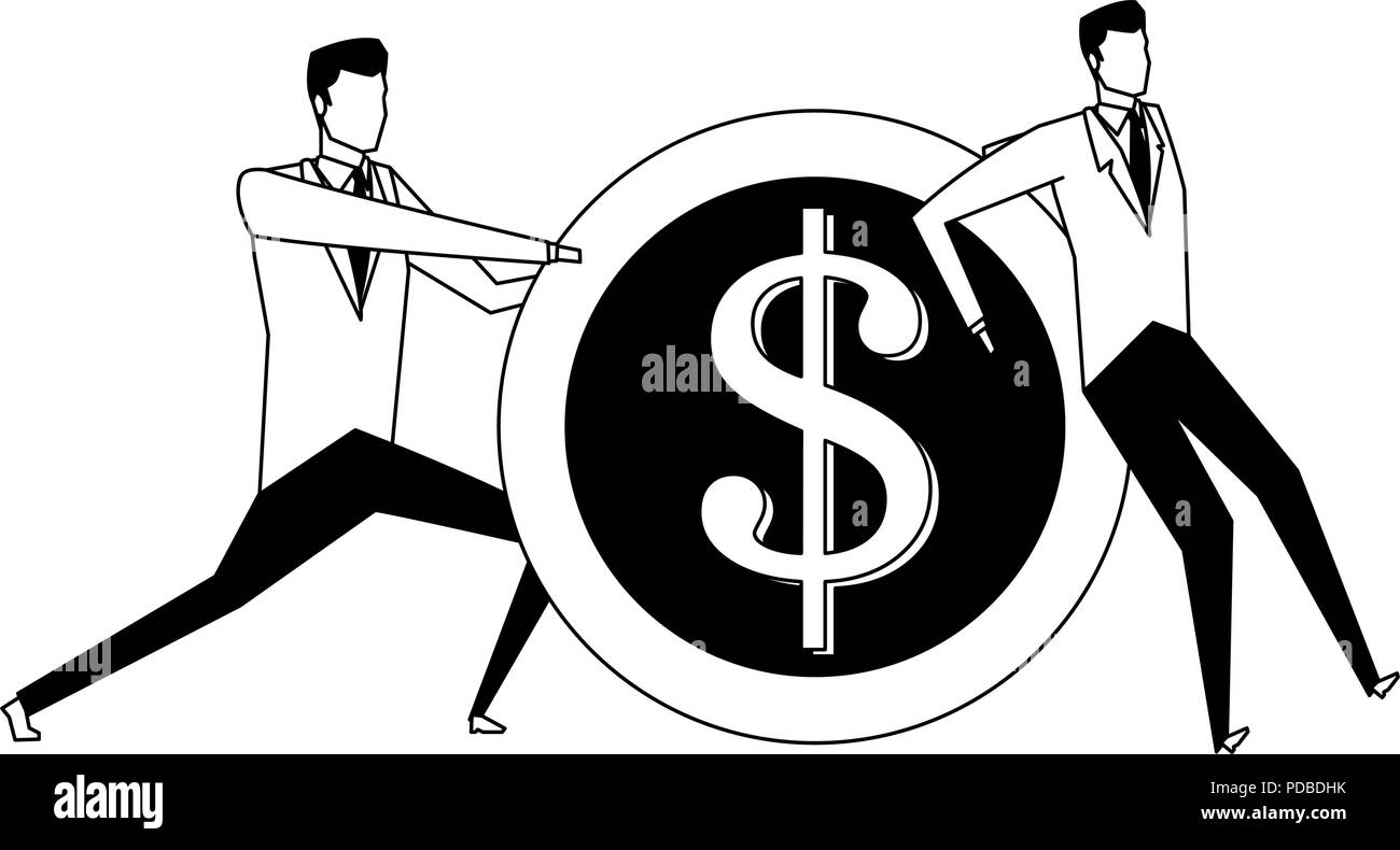 Businessmens pushing and holding a coin in black and white Stock Vector ...