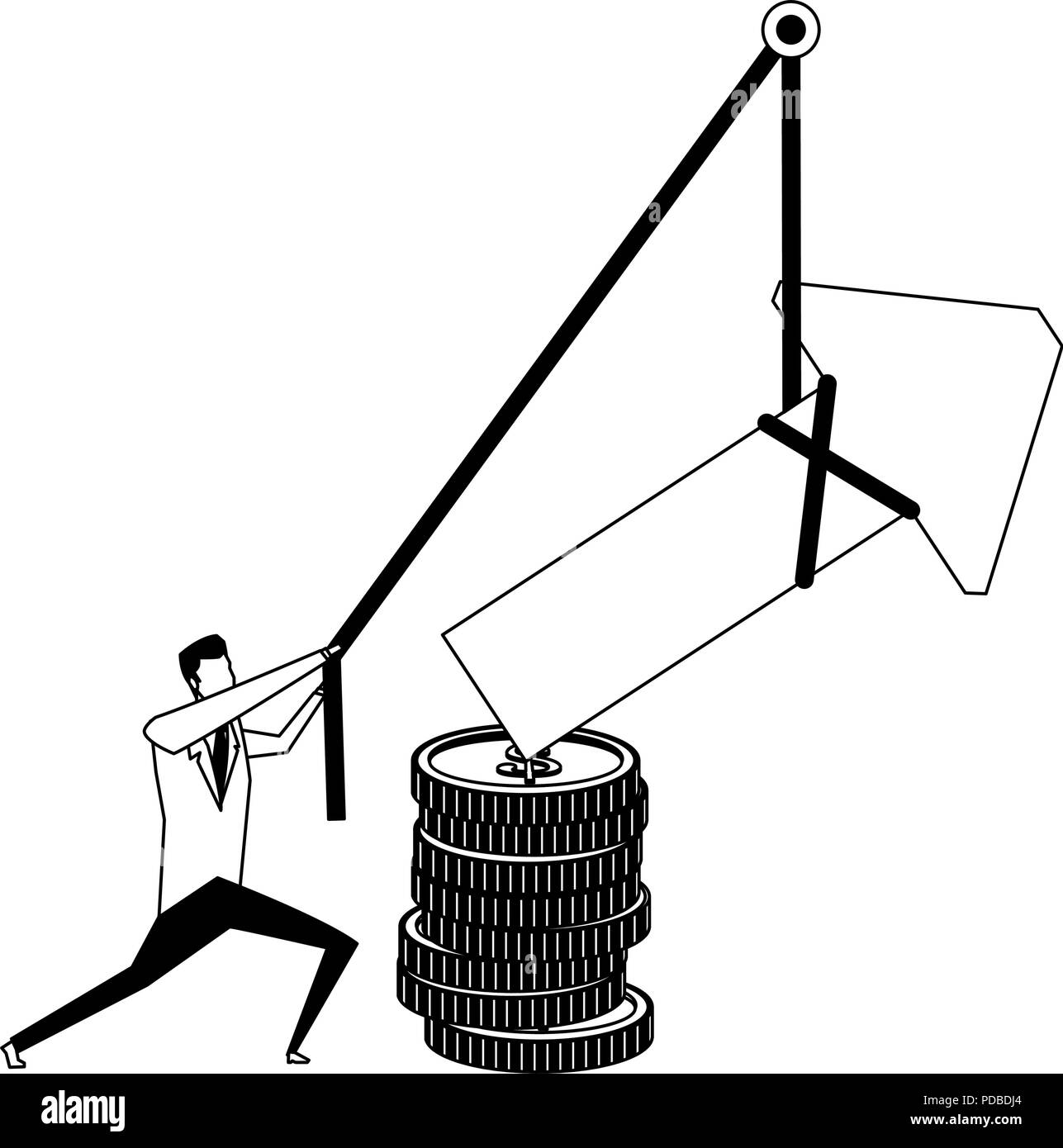 Businessman pulling arrow up with rope in black and white Stock Vector