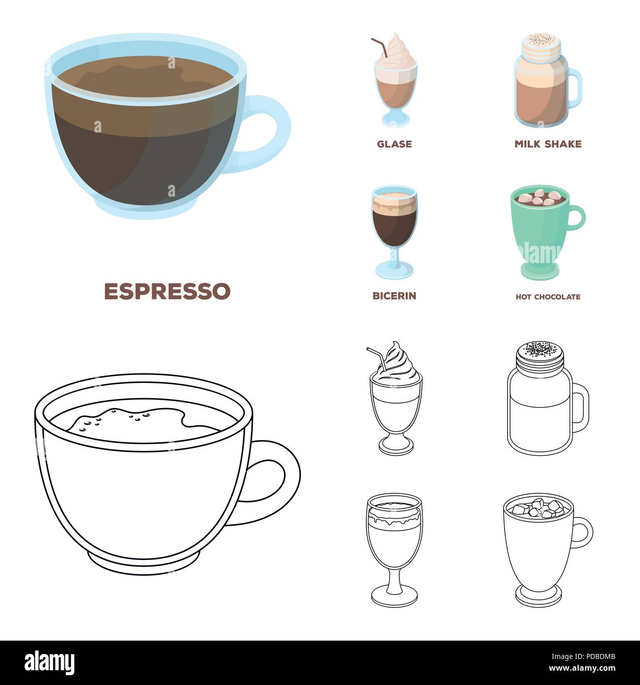 Esprecco, glase, milk shake, bicerin.Different types of coffee set collection icons Glase Stock Photos & Glase Stock Images - Alamy