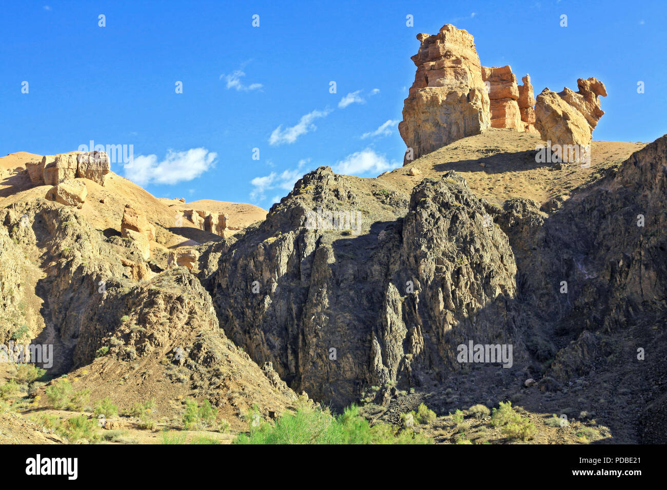 Unusual sculptural forms of the Charyn canyon. Outskirts of Almaty, Kazakhstan Stock Photo