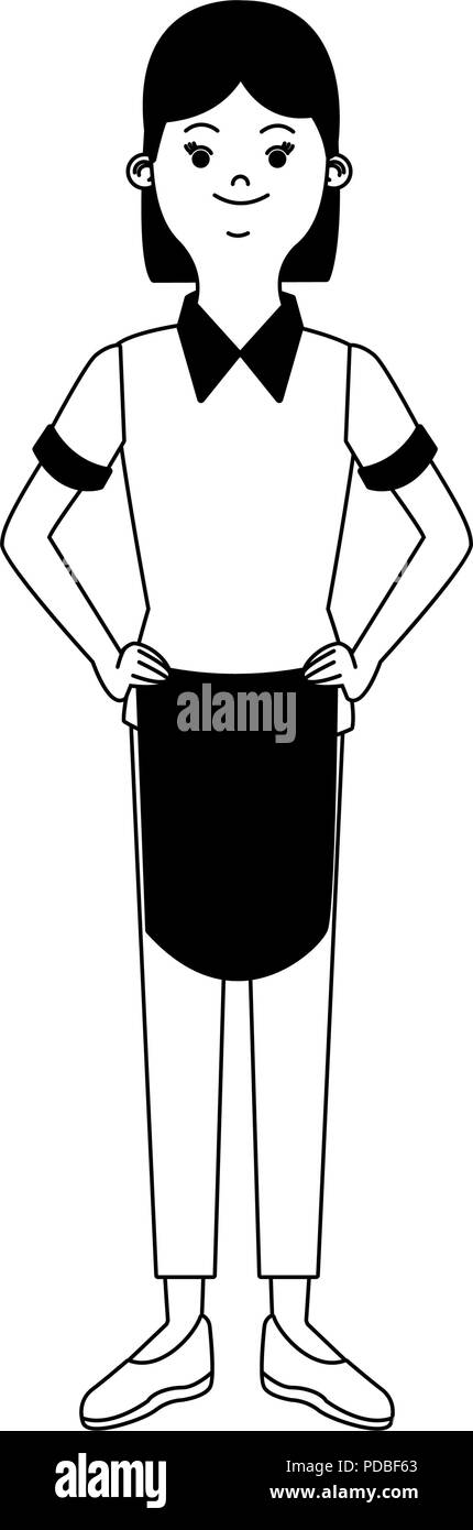 Woman waiter cartoon in black and white Stock Vector