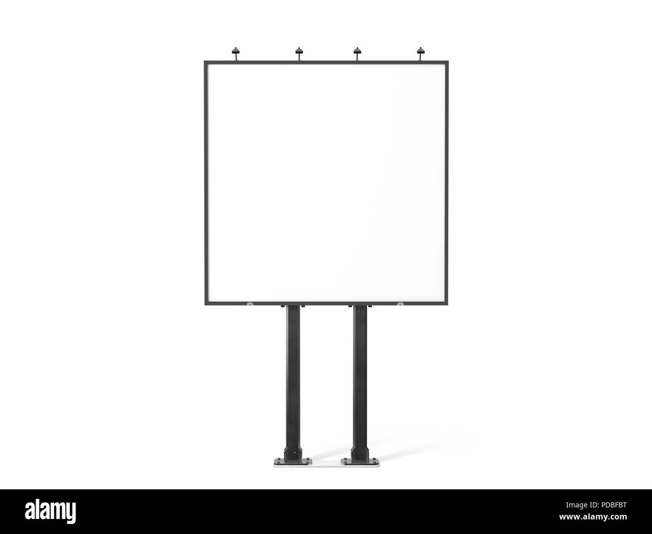 Blank white banner mockup on black city square billboard, 3d rendering. Empty bill board mock up isolated. Clear canvas template on sity street sign. Outdoor poster screen. Big cityboard signage stand Stock Photo
