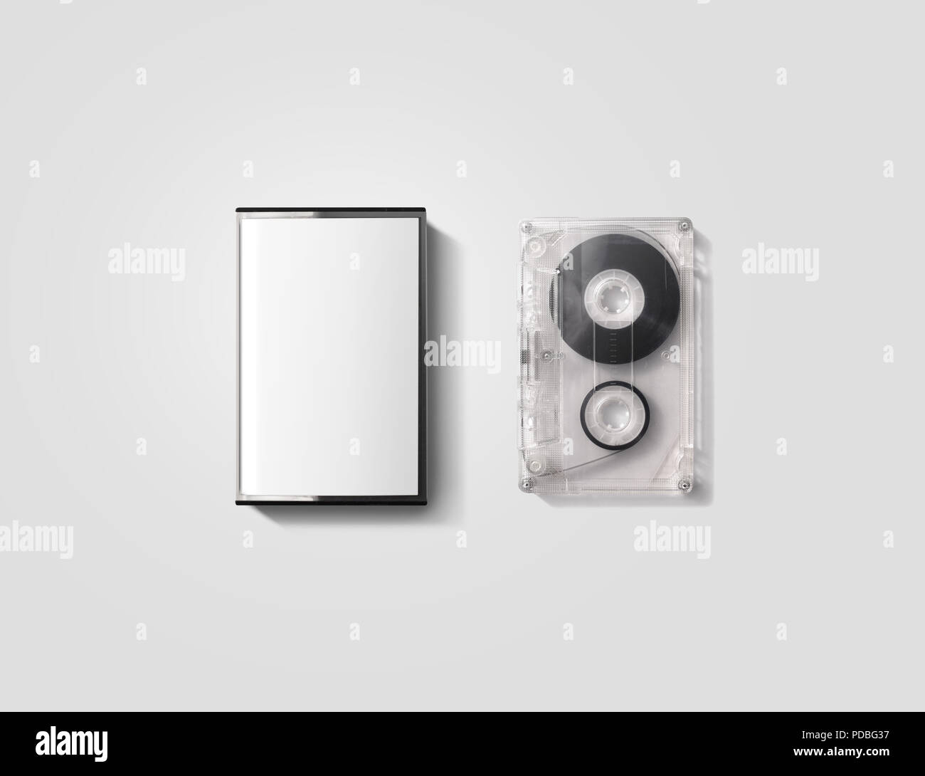 Blank cassette tape box design mockup, isolated, clipping path. Vintage cassete tape case with retro casset mock up. Plastic analog magnetic tape casete clear packaging template. Mixtape box cover. Stock Photo