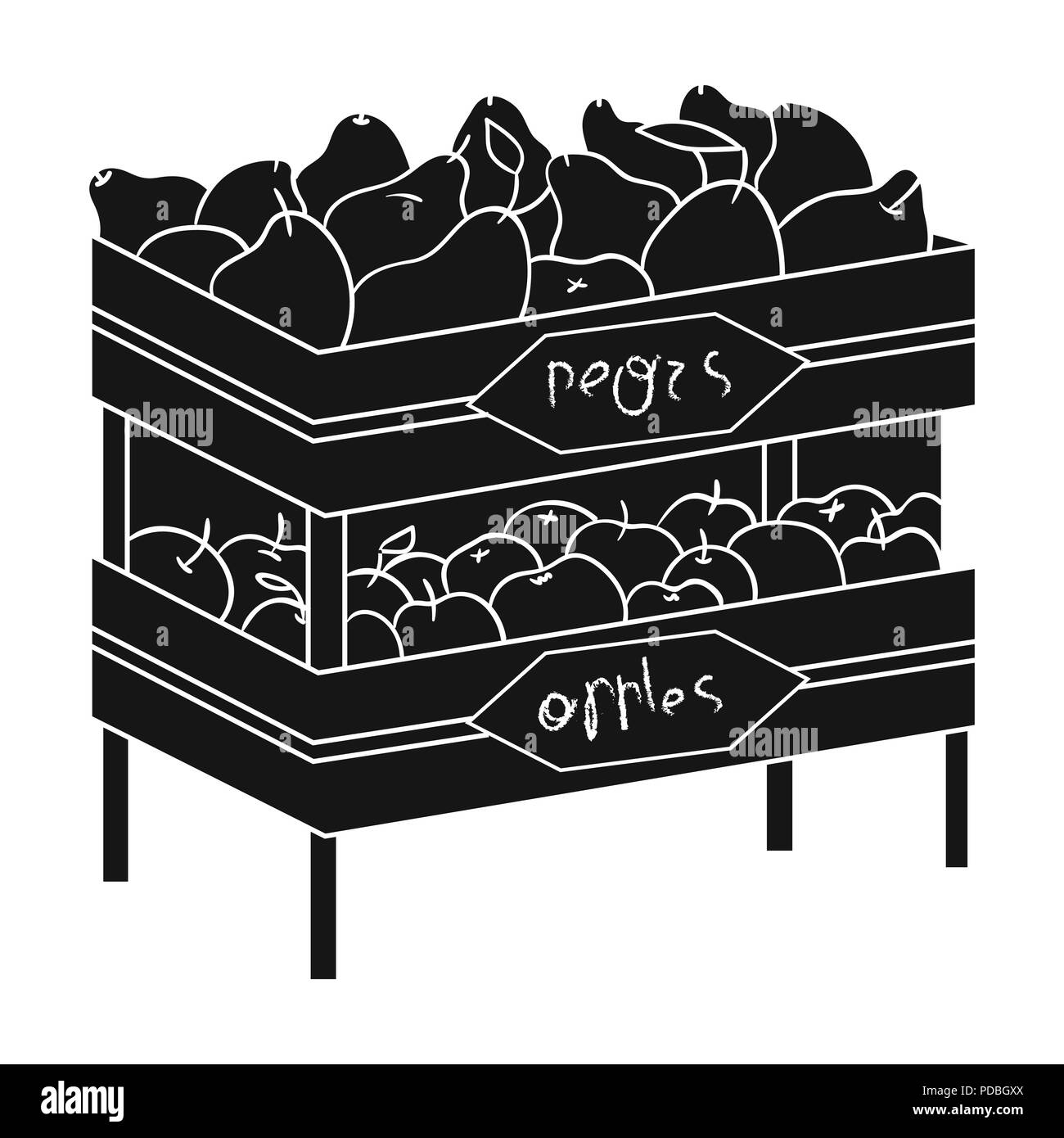 Raw food lying on rack shelves icon in black design isolated on white background. Supermarket symbol stock vector illustration. Stock Vector