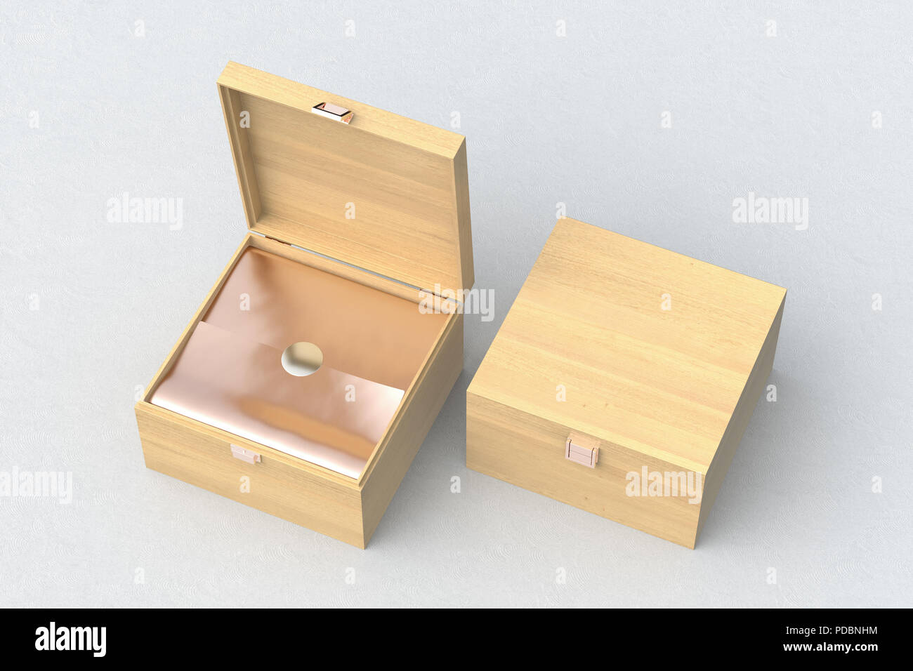Open and closed square wooden gift box or casket on white background ...