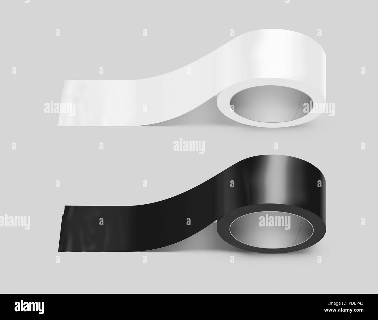 Blank white and black duct adhesive tape mockup, clipping path, 3d illustration. Sticky scotch roll design mock up. Clear glue tape template. Packing insulating tape display. Stock Photo