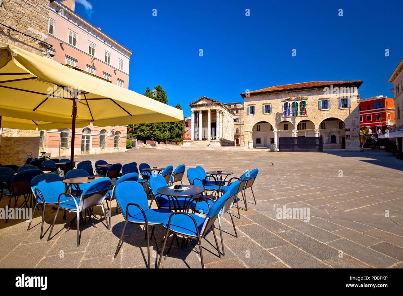 Forum square and Temple of Augustus in Pula view, Istria region of Croatia Stock Photo