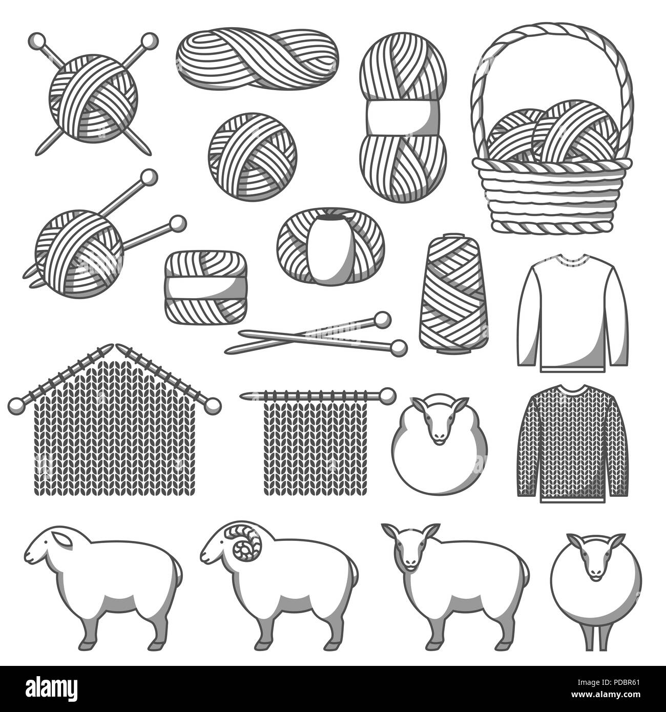 Set of wool items. Goods for hand made, knitting or tailor shop Stock Vector