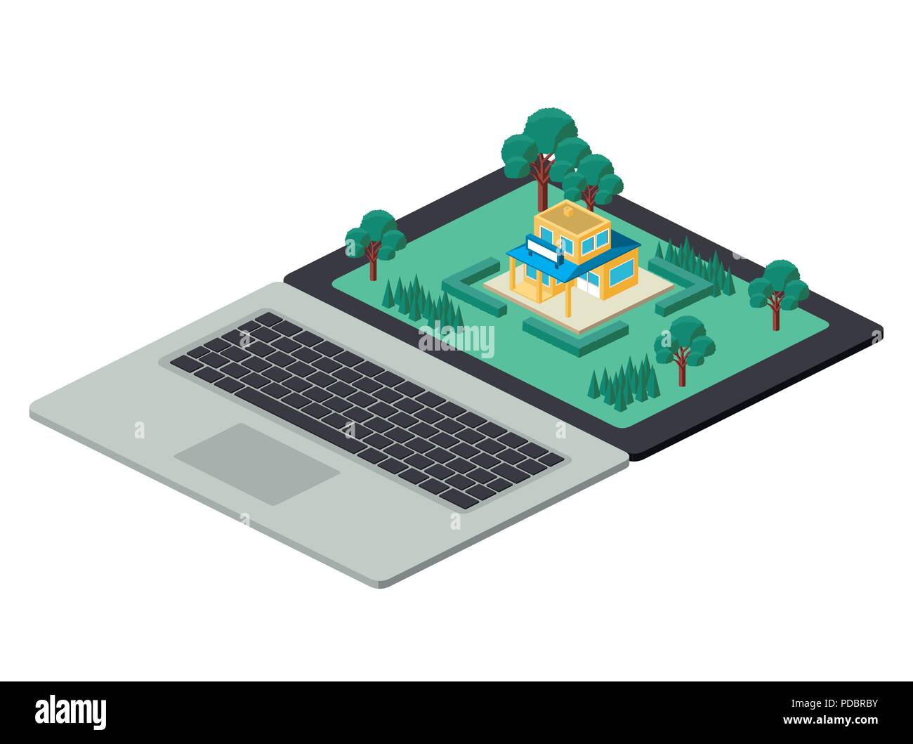building and trees isometric scene on laptop Stock Vector