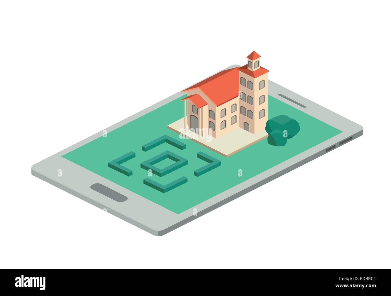 building and trees isometric scene on smartphone Stock Vector
