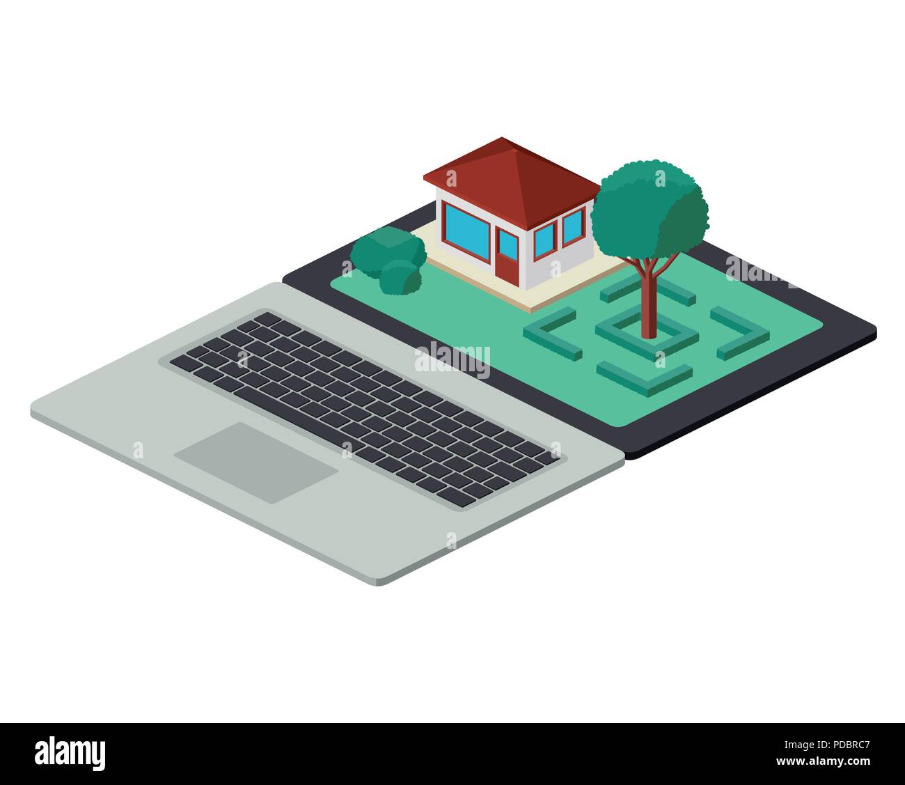 building and trees isometric scene on laptop Stock Vector