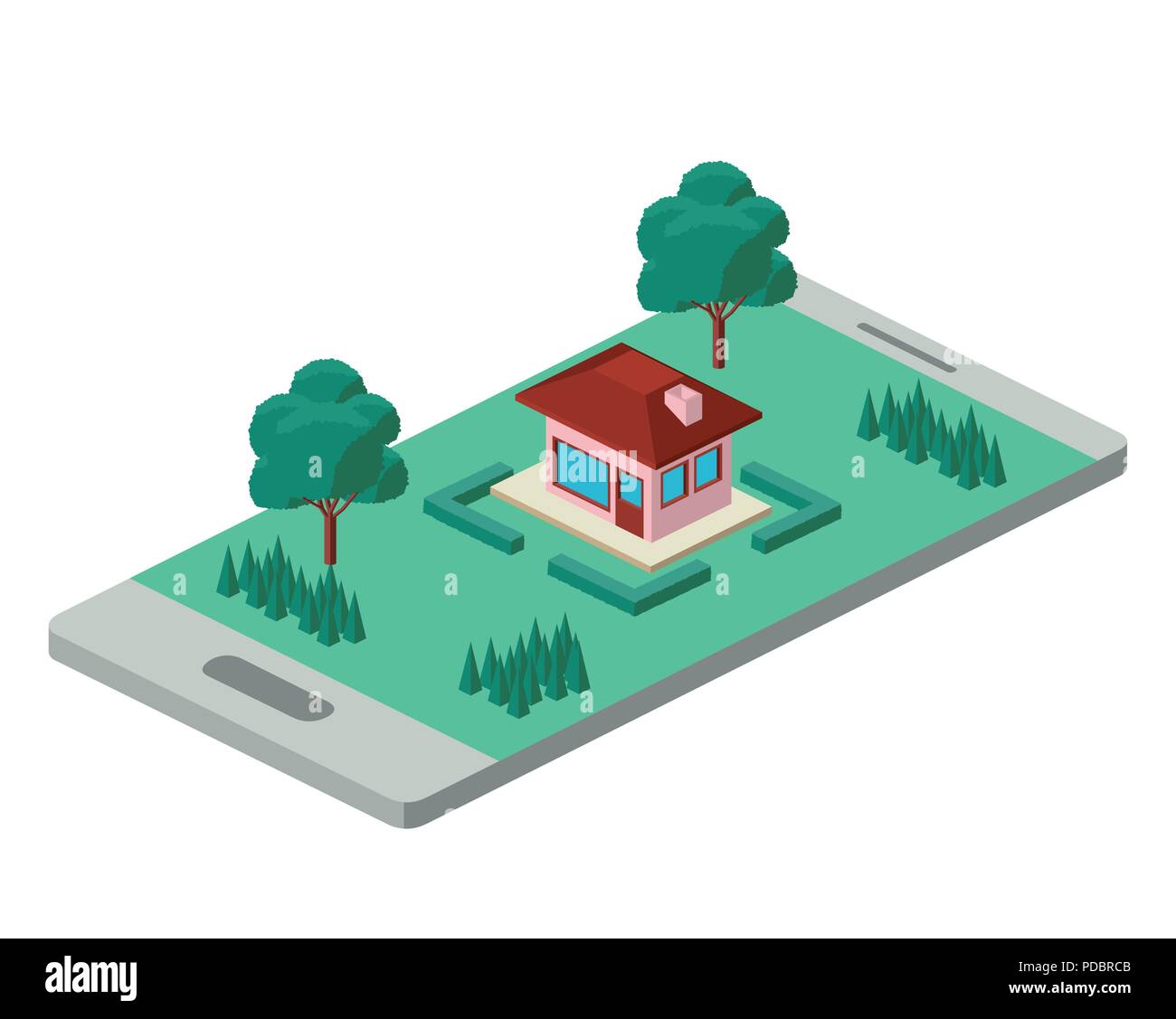 building and trees isometric scene on smartphone Stock Vector