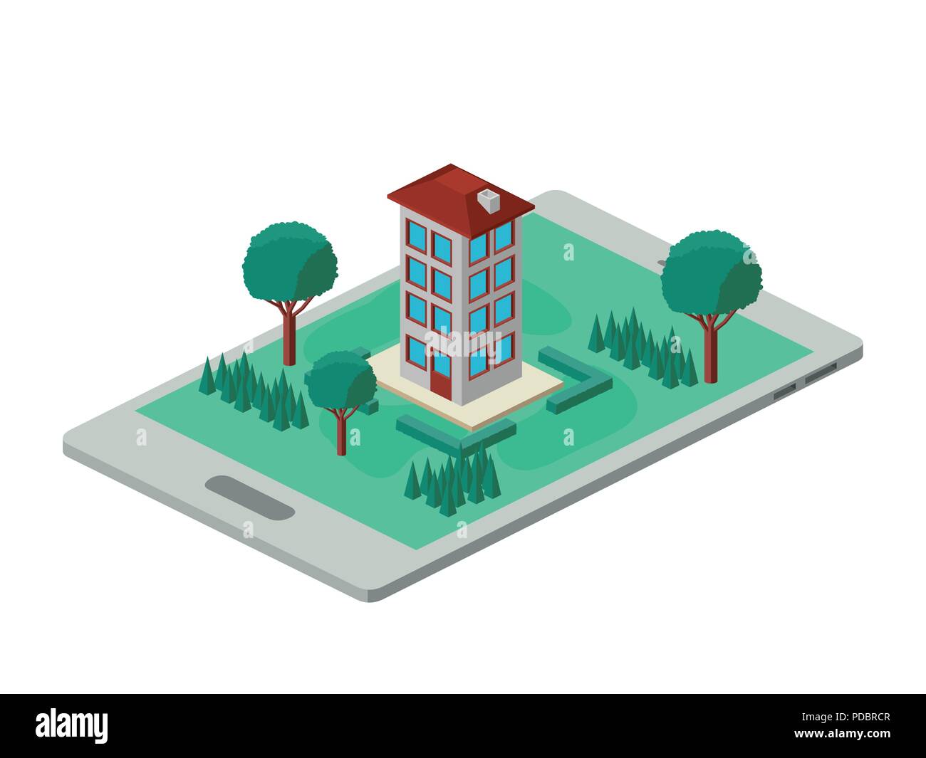 building and trees isometric scene on smartphone Stock Vector