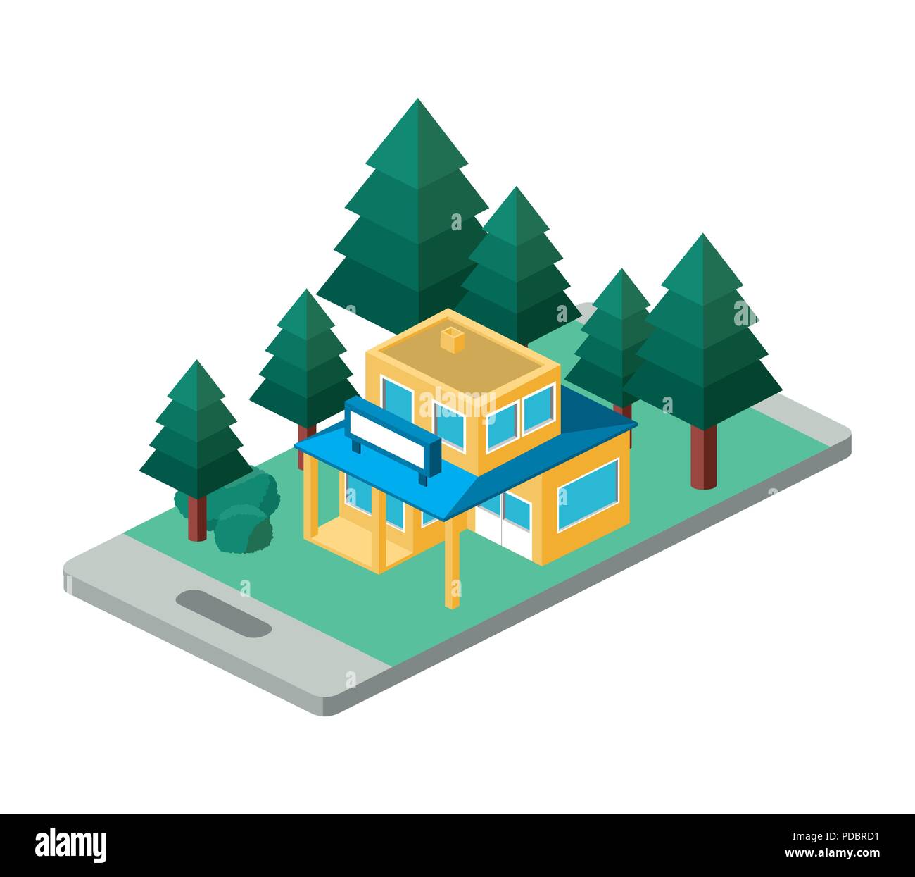 building and trees isometric scene on smartphone Stock Vector