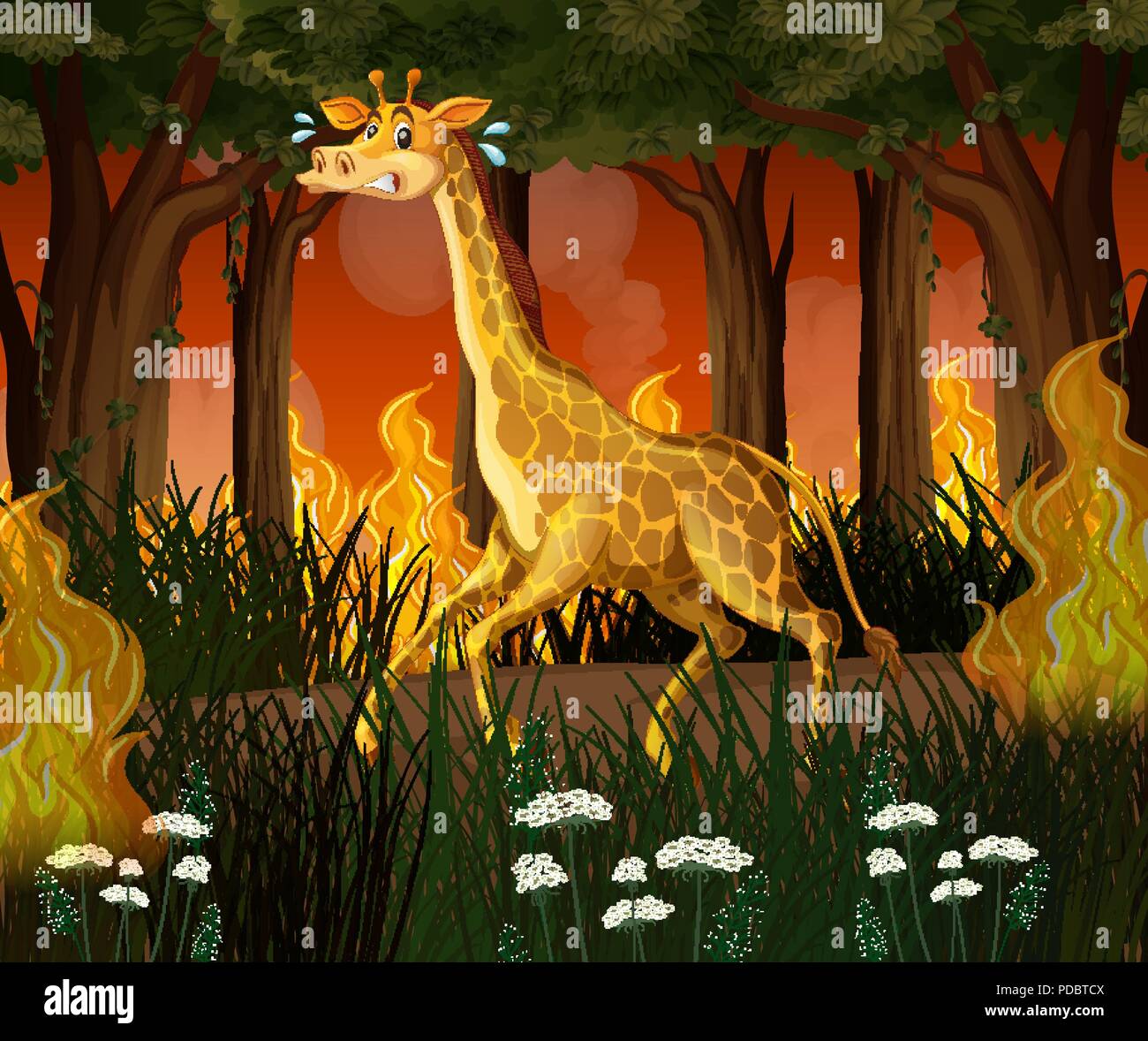 A giraffe running away from wildfire forest illustration Stock Vector ...