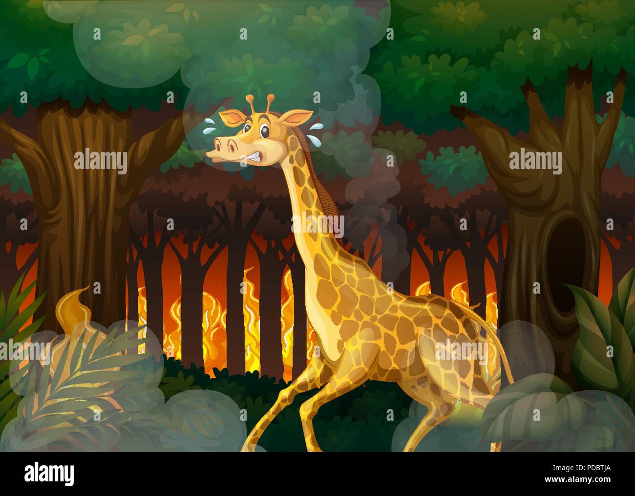 A giraffe running away from wildfire forest illustration Stock Vector ...