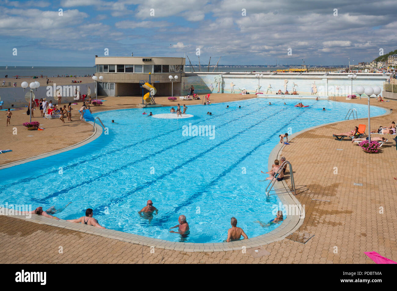 The open air public swimming baths by the beach at Trouville-sur-Mer, Normandy, France Stock Photo