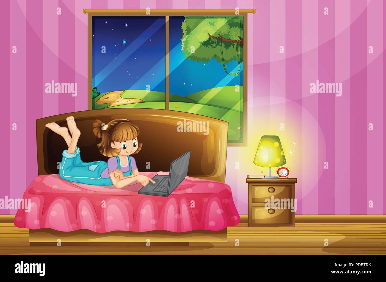 Teenage girl on her lapton in a bedroom illustration Stock Vector