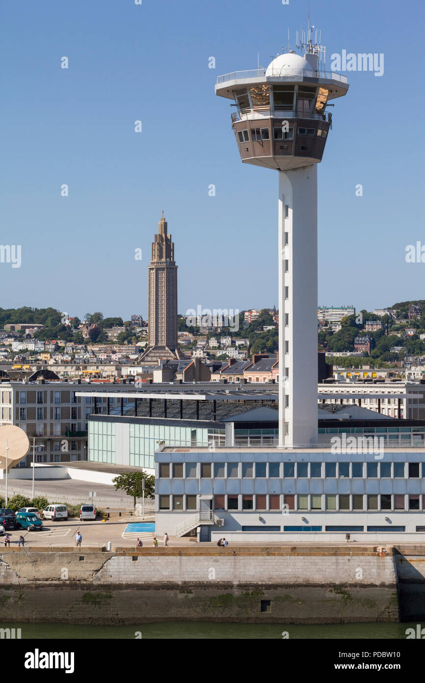 A view from the sea showing the Harbour Control Tower, The Musee Malraux and the Church of St. Joseph at Le Havre, Normandy, France Stock Photo