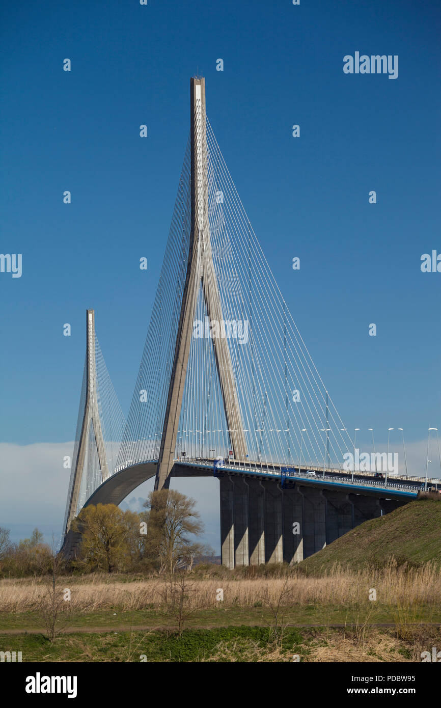 The Pont de Normandie cable stayed bridge over the Seine between Honfleur and Le Havre, Normandy, France Stock Photo