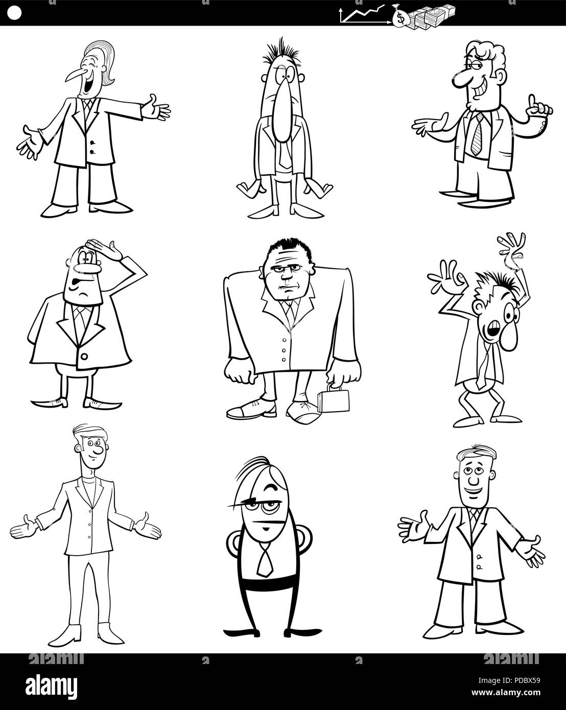 Black and White Cartoon Illustration of Men or Businessmen Characters Set Stock Vector