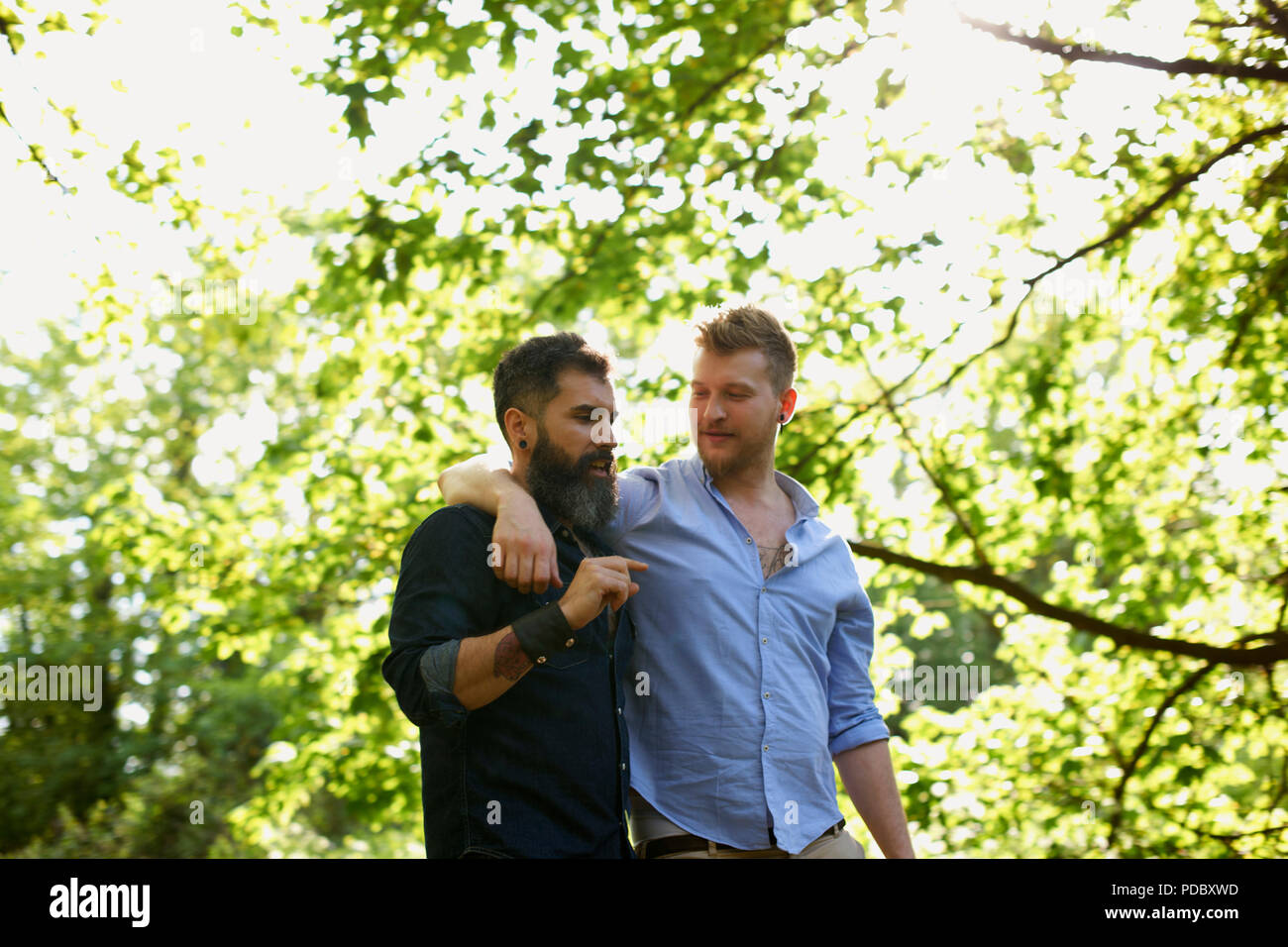 Affectionate male gay couple walking in sunny park Stock Photo