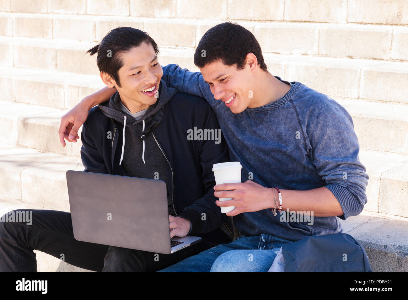 Male gay couple using laptop and drinking coffee Stock Photo