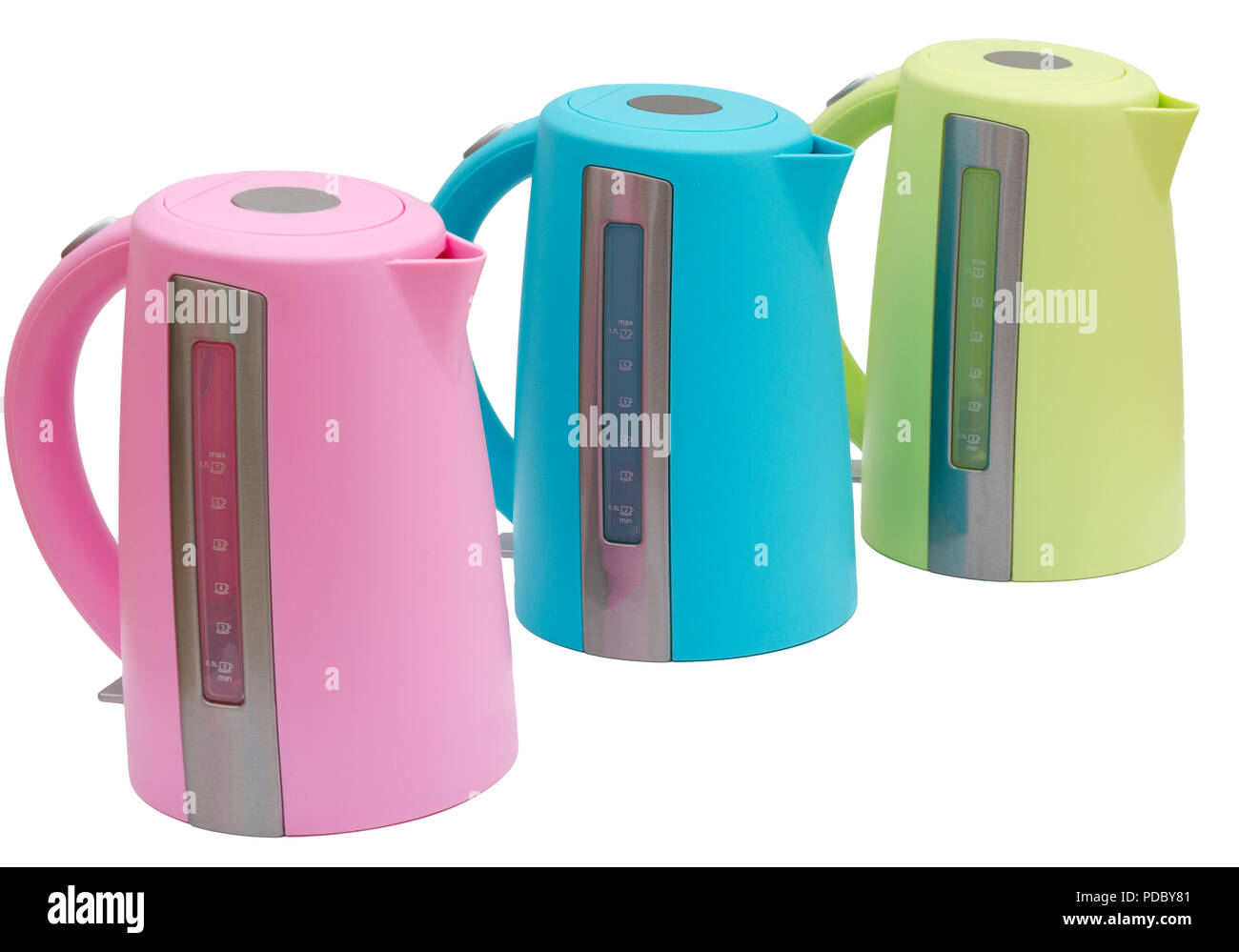 Bright Colorful Water heaters electric Tea kettles isolated on white background Stock Photo