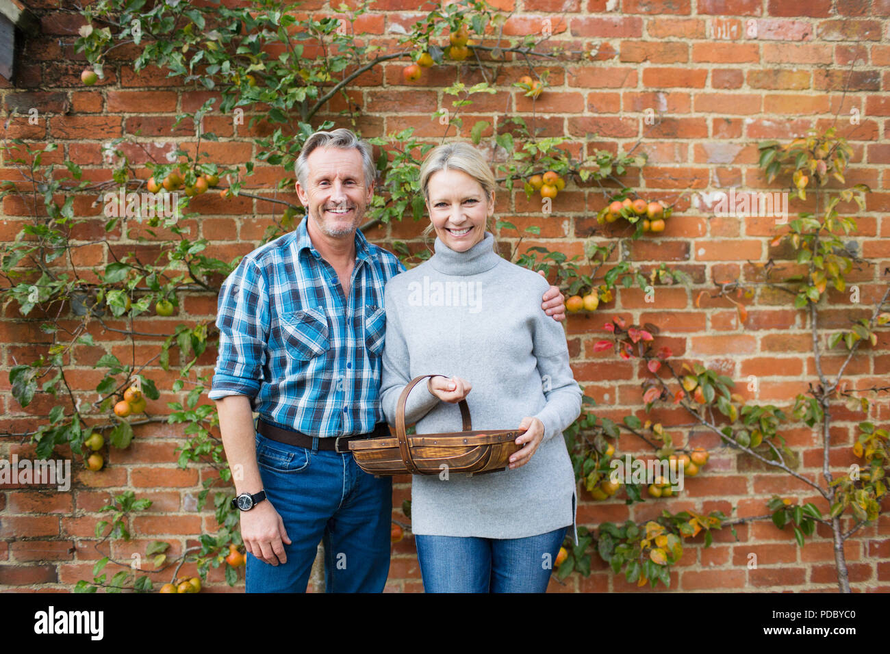 Portrait smiling mature couple harvesting apples in garden Stock Photo