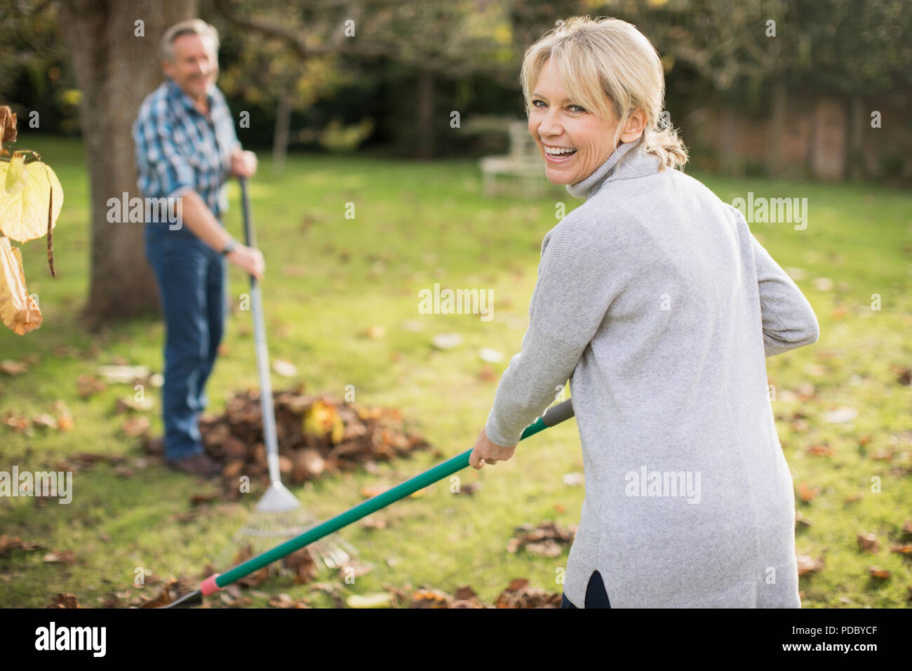 Portrait happy mature woman raking autumn leaves in backyard Stock Photo