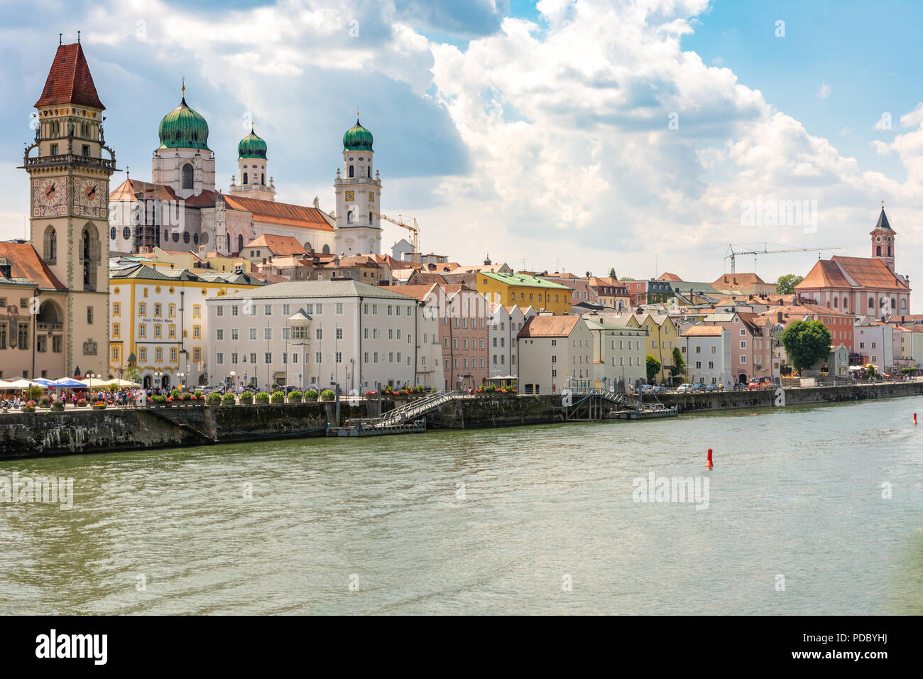 PASSAU, GERMANY - JULY 14: Waterfront of the Danube river in Passau, Germany on July 14, 2018. Foto taken from Prinzregent-Luitpold bridge with view t Stock Photo