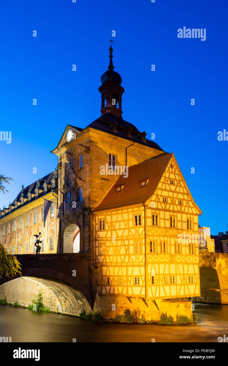 Illuminated historic town hall of Bamberg, built in the 14th century. Stock Photo