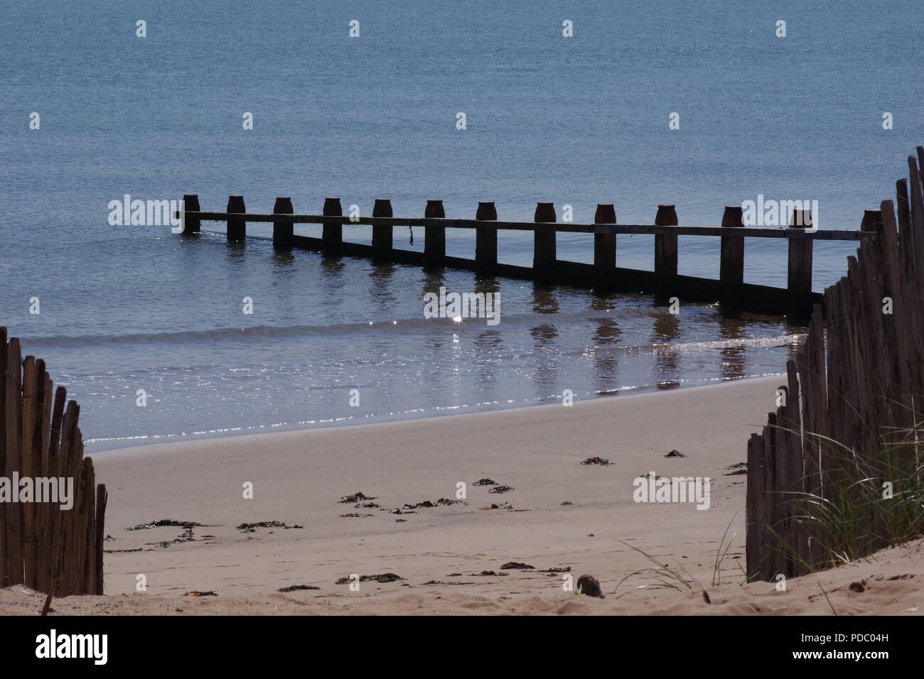 Wooden Groynes along Dawlish Warren Beach on a Calm, Sunny Summers Day