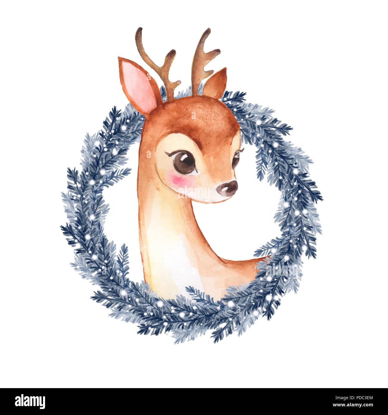 Baby Deer. Cute fawn and Christmas wreath. Watercolor illustration ...