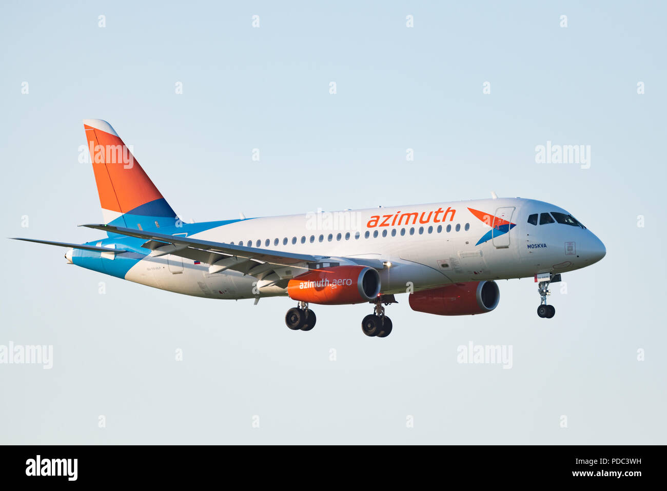 Novosibirsk, Russia – June 7, 2018: Sukhoi Superjet 100-95LR RA-89096 Azimuth Airlines approaches for landing at the international airport Tolmachevo. Stock Photo
