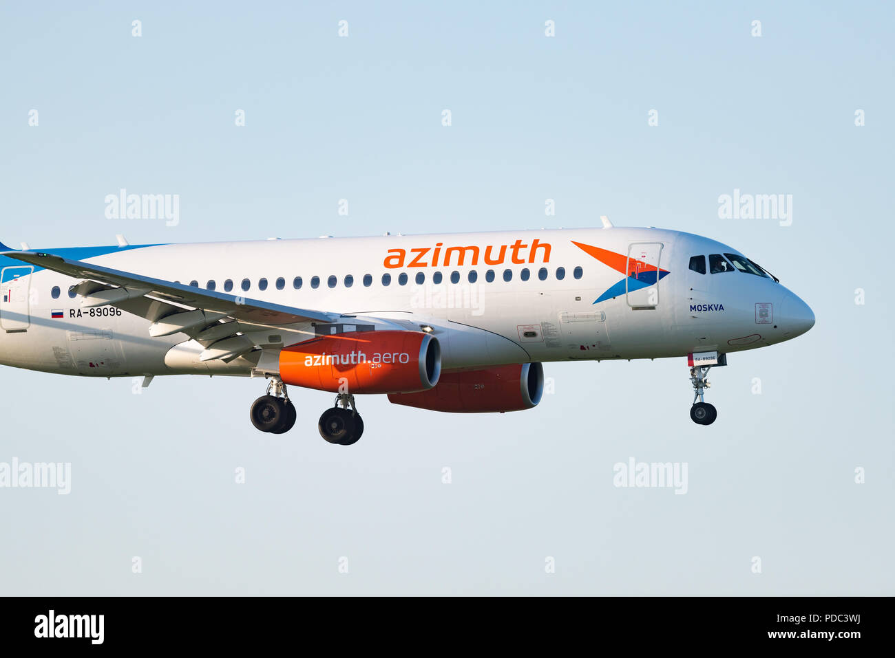 Novosibirsk, Russia – June 7, 2018: Sukhoi Superjet 100-95LR RA-89096 Azimuth Airlines approaches for landing at the international airport Tolmachevo. Stock Photo