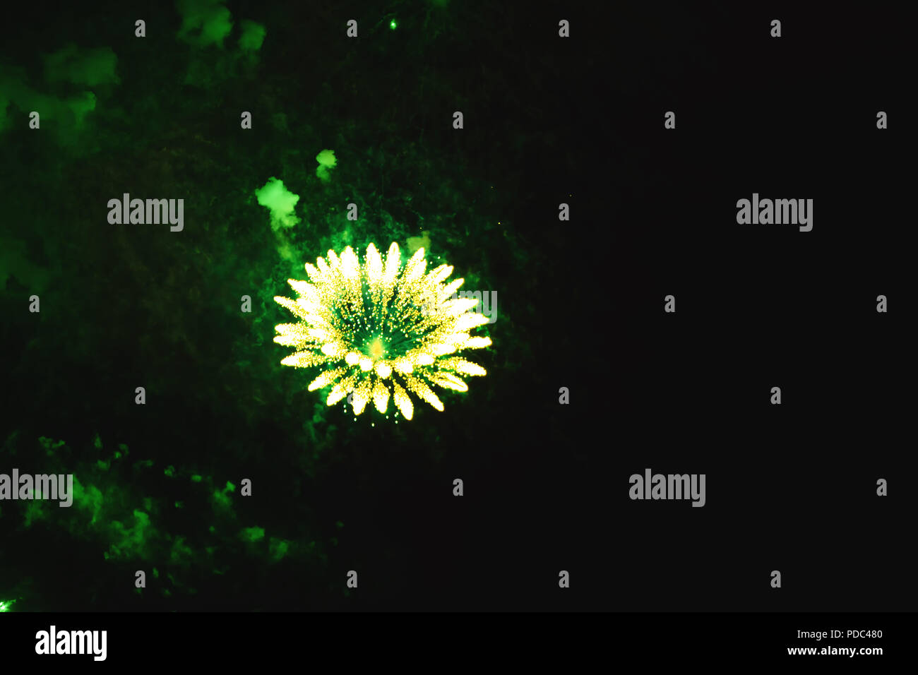 Best creative background with fireworks green flowers projected on the night sky. Colourful festival fireworks isolated in dark background. Christmas  Stock Photo