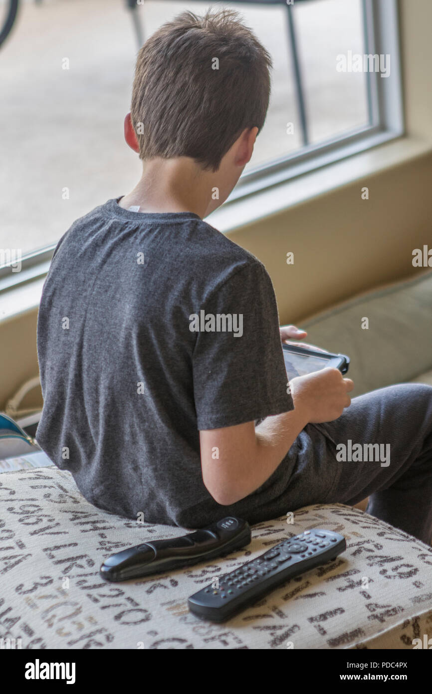 Cute male child playing on iPad, back veiw, looking down, vertical and model reeased Stock Photo