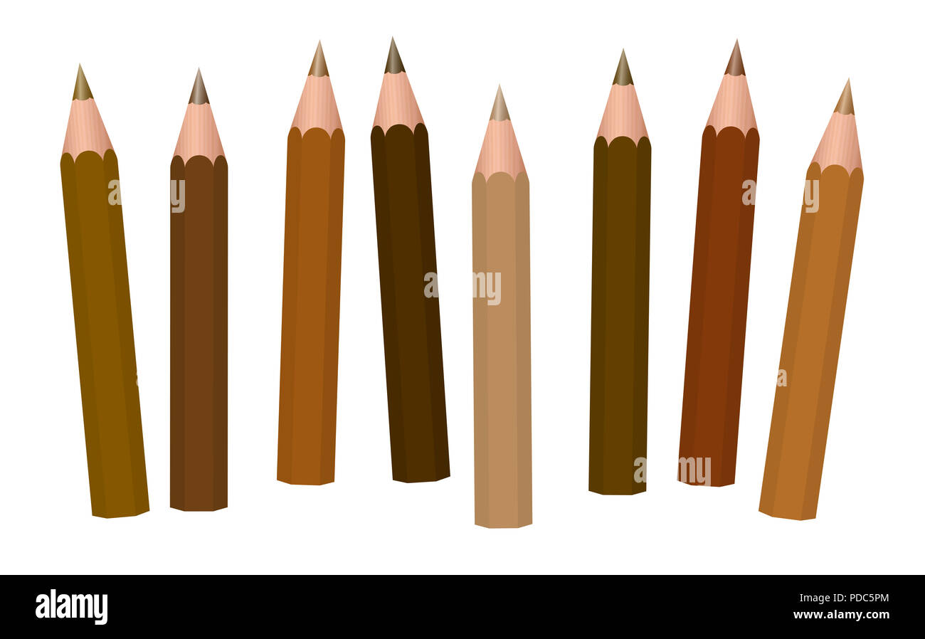 Brown pencils - different shades of brown like cinnamon, brunette, mocha, umber, chocolate, caramel, peanut, coffee, light, medium or dark brown. Stock Photo